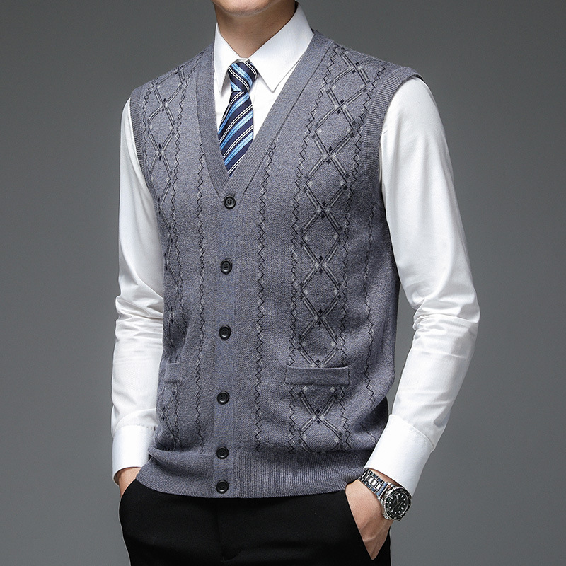 Otoño e invierno en stock azul marino de un solo pecho diario de lana sin capucha sin cuello Plaid Chaleco de piel Chaleco de los hombres