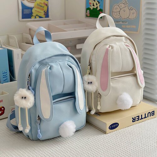 Korean Sweet School Bag for Girls, Junior High Students, Cute Rabbit Ears Dual Shoulder Bag, Lightweight, Suitable for High School Students and Outings, Small Backpack