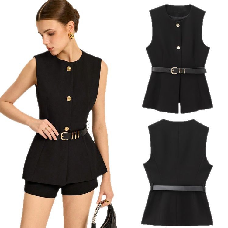 Women's Sleeveless Vest Round Neck Top With Waistband American Style Spring New Collection Regular Polyester_ecoleips.com