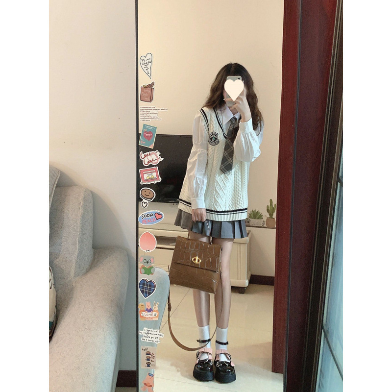 学院风套装女秋2025新款外搭叠穿V领针织马甲毛衣衬衫两件套显瘦|undefined