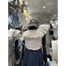 2025韩国东大门代购斜肩荷叶边露肩不对称吊带紧身T恤上衣女甜辣