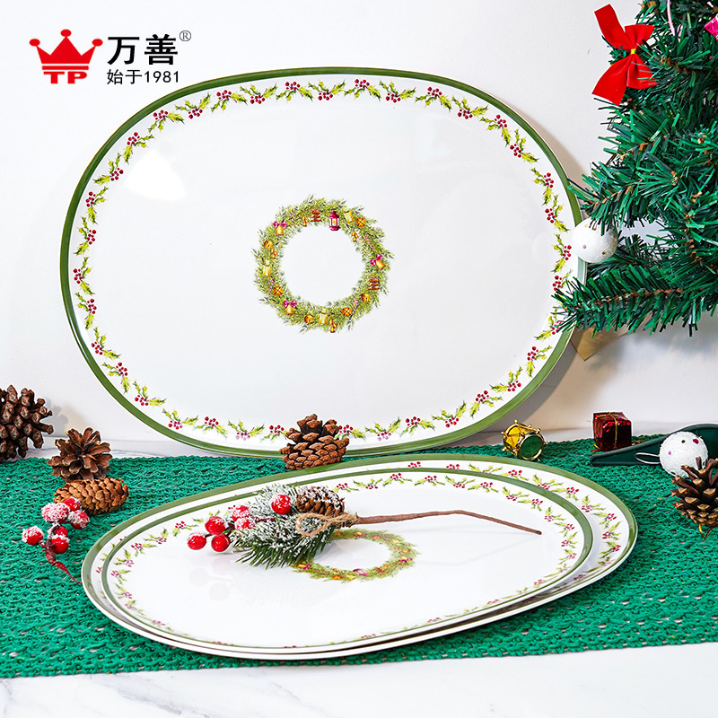 Cross-Border Export Melamine Dinner Plate Customized Christmas Tree Imitation Porcelain Serving Plate Christmas Party 16inch Oval Plate