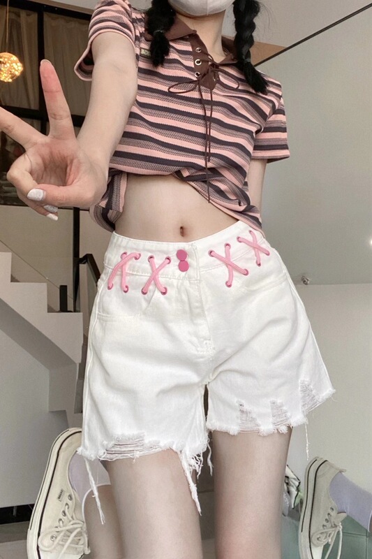 High-Waisted Skinny Jeans with Frayed Edges for Women, A-Line Straight Drawstring Shorts, Summer Ins Style High-Waisted Skinny Jeans with Frayed Edges for Women, A-Line Straight Drawstring Shorts, Summer Ins Style