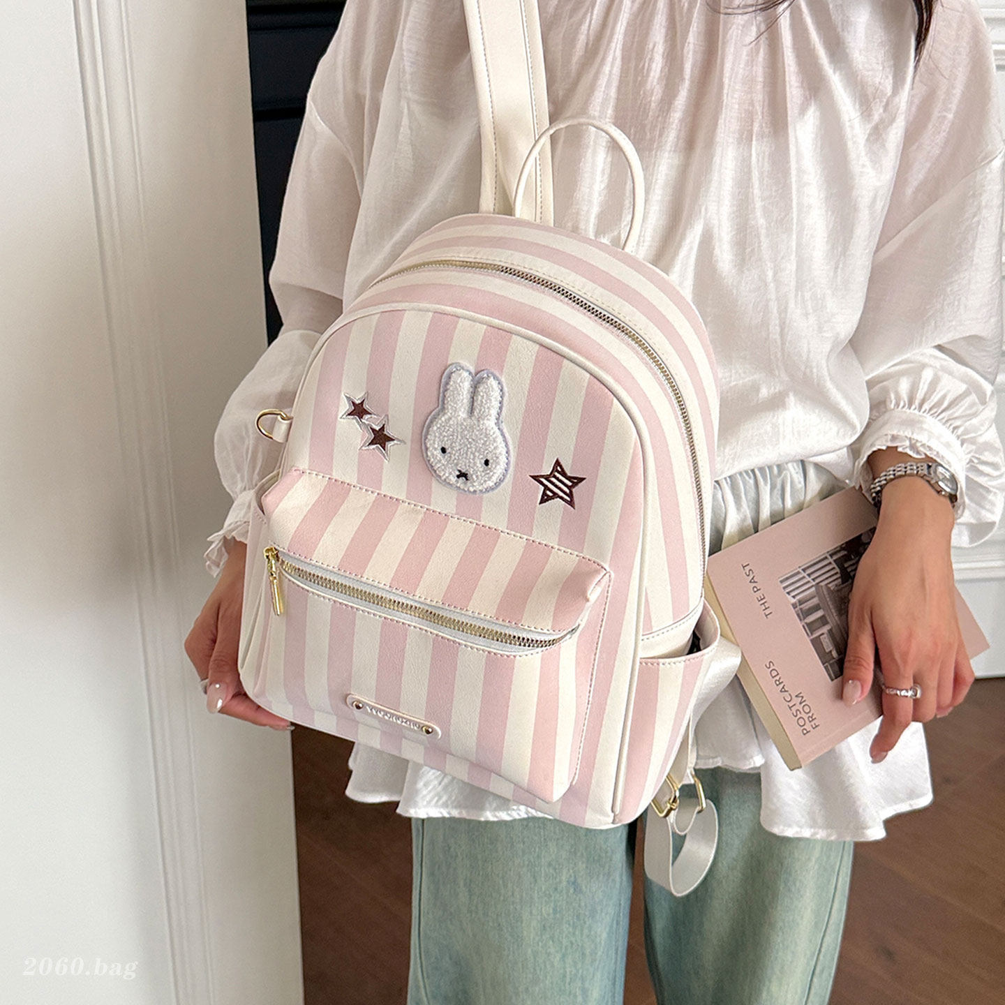 Verano fiesta mochila conejo popular lindas rayas de dibujos animados nuevos estudiantes 2026 mini mochila de mujer