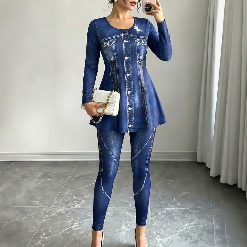 European and American Style Denim Print Slim-Fit Two-Piece Set Long-Sleeve Top + Skinny Pants Women's Fashion Casual Outfit European and American Style Denim Print Slim-Fit Two-Piece Set Long-Sleeve Top + Skinny Pants Women's Fashion Casual Outfit