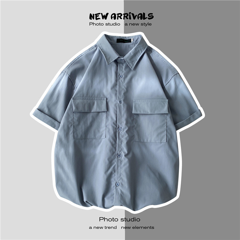 Verano estilo de Hong Kong ins camisa de manga corta de los hombres de doble bolsillo de moda estudiante suelta media manga casual ropa de trabajo camisa