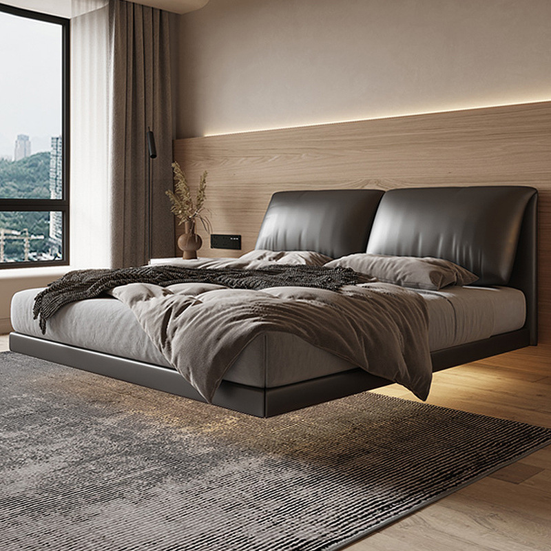 Customized floating bed Italian minimalist master bedroom double bed baxter internet celebrity elephant ears genuine leather bed cream style 