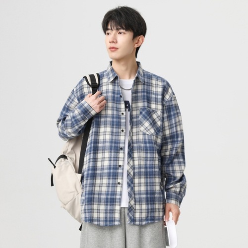 Japanese-style checked stylish men's spring and autumn long-sleeved versatile retro shirt for men's casual jacket