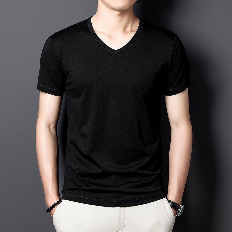 Black, V-neckline, with short sleeve