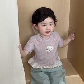 女童短袖T恤2026夏季新款韩版洋气蕾丝花边森系宝宝ins风短款上衣