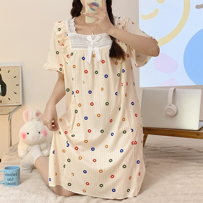 Verano de manga corta camisón de encaje de la muchacha pijamas princesa estilo suelto más tamaño de dibujos animados ropa para el hogar al por mayor