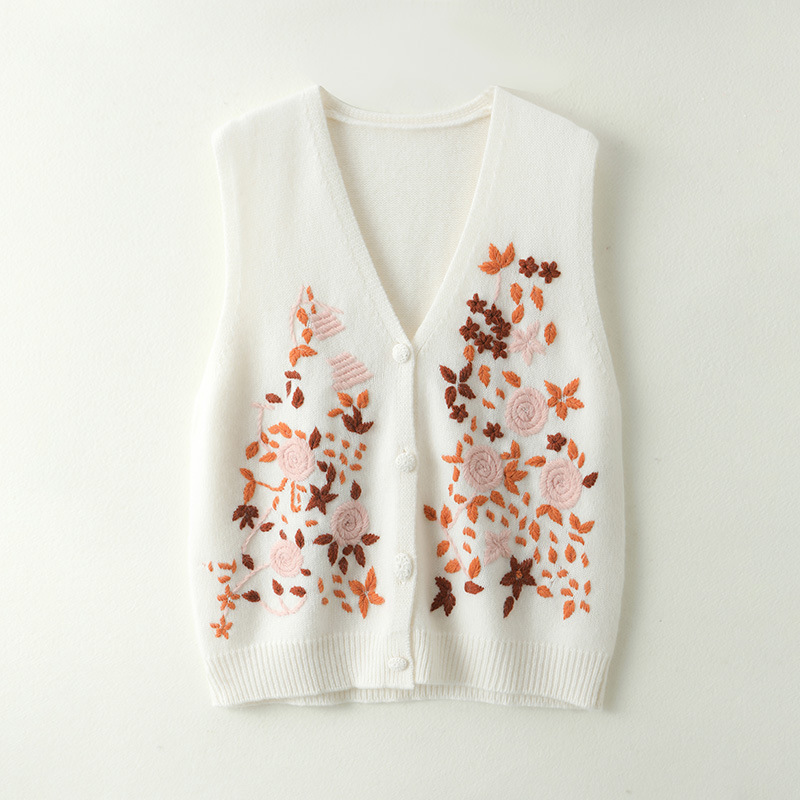 Limited Beauty~Purely Hand-Embroidered Cashmere Sweater for Women V Neck Sleeveless Sweater Short Knitted Vest Jacket Vest