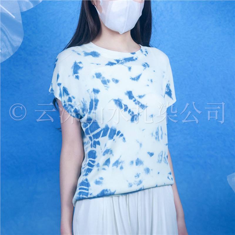 云深山水扎染飞机袖背后四扣圆领竹节麻上衣
