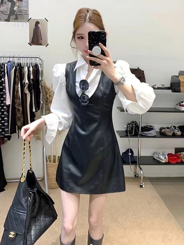 套装女2025秋新款法式气质设计感长袖衬衫收腰显瘦背心皮裙连衣裙|undefined