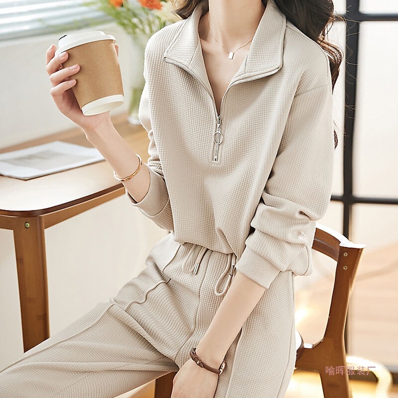 Two-Piece Waffle Casual Sports Suit for Women, Long Pants, Spring and Autumn Season, New Style, Simple Long-Sleeve Sweatshirt with Tie