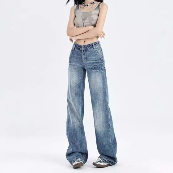 Summer Thin Design Sense Slimming Straight Long Pants American Style Retro Crack Low Waist Micro-blare Jeans for Women