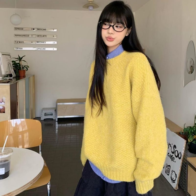 学院风时尚套装女韩系慵懒套头毛衣秋冬加厚针织衫百搭衬衫两件套|undefined