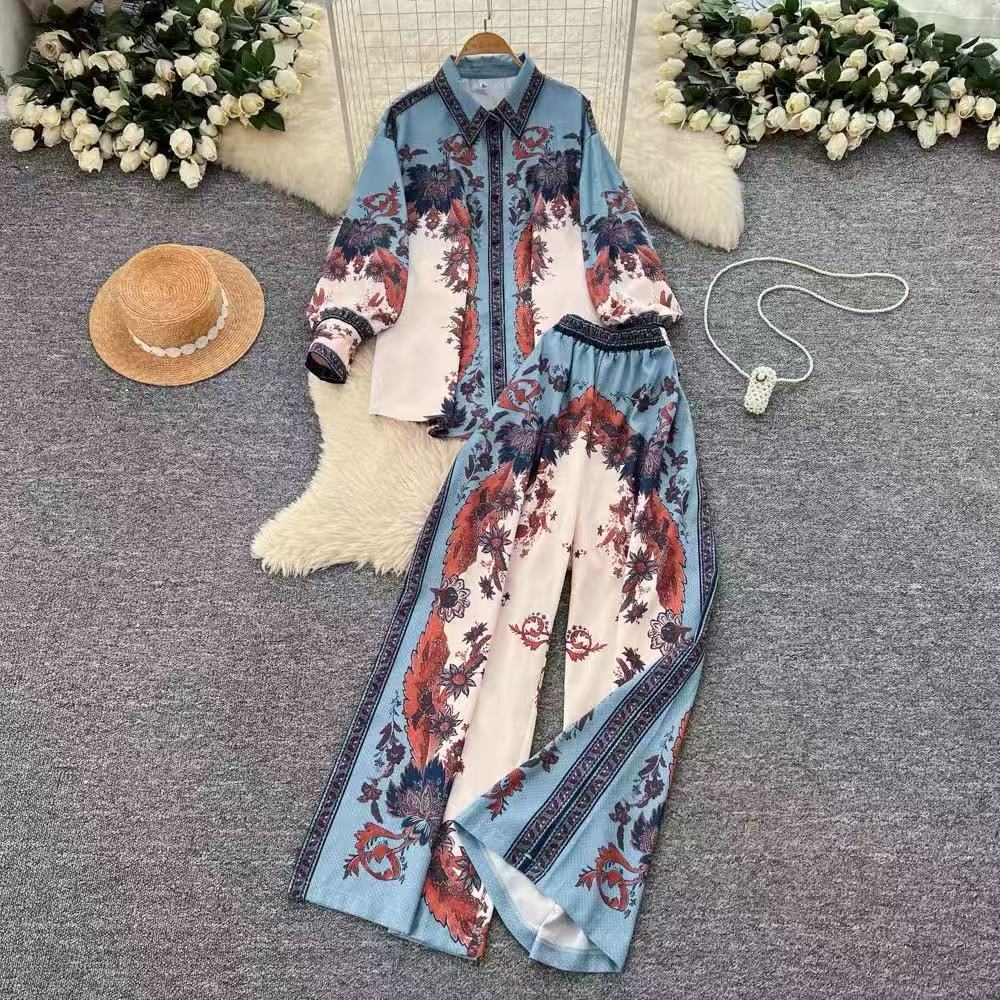 Women's European Style Chic Printed Shirt And Pants Set Casual Long Sleeve Loose Fit High Waist Wide Leg Straight Pants Autumn Wear_ecoleips.com