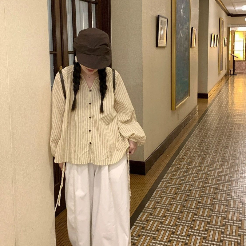 早秋日系双条纹港风衬衣长袖衬衫宽松复古上衣女洋气减龄百搭显瘦|undefined