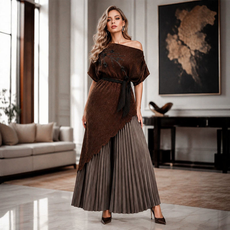 European and American Issey Miyake-style high-end irregular pleated top and pleated wide-leg pants set for women, fashionable two-piece outfit