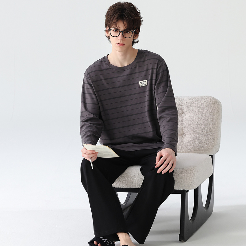 Men's pajamas for spring and autumn, pure cotton, long-sleeved, new round-neck design, simple and loose home wear set suitable for summer, can be worn outside Men's pajamas for spring and autumn, pure cotton, long-sleeved, new round-neck design, simple and loose home wear set suitable for summer, can be worn outside