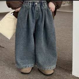 儿童裤子韩版冬季新品女童复古加绒牛仔直筒裤男童洋气厚实拖地裤