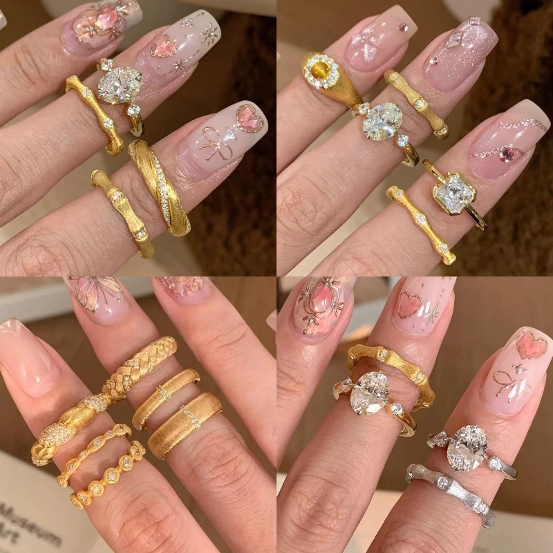 antique gold electroplated zircon brushed ring ins light luxury high sense index finger ring retro temperament jewelry wholesale