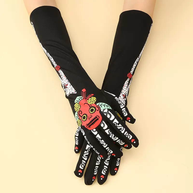 万圣节热销彩色骨头印花手套欧美朋克骷髅关节骨头死神手套