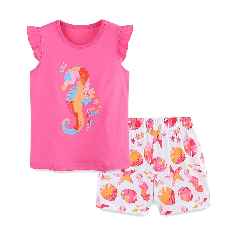 Novedad de verano, traje de manga corta para niñas, conjunto de 2 piezas de pantalones cortos con estampado de caballito de mar de dibujos animados para niños de estilo europeo y americano