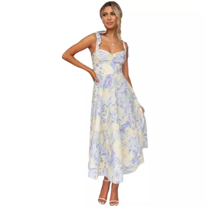 Women's Clothing Summer Slim Fit Waist V Neck Sling Print Mid Length Dress For Women For Formal & Casual For Women_ecoleips.com