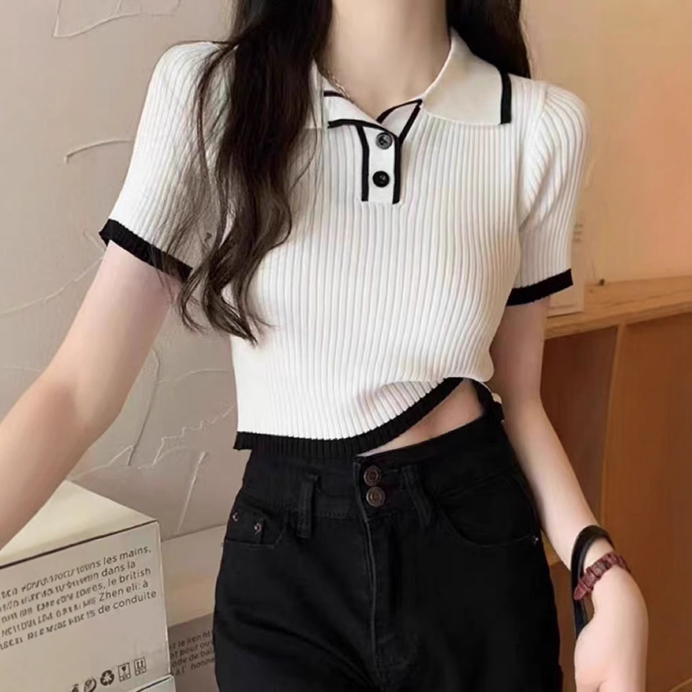 Summer 2025 New Contrast Color Polo Collar Short-Sleeved Thin Knitwear for Women Summer Slimming Look Fashionable Short Style