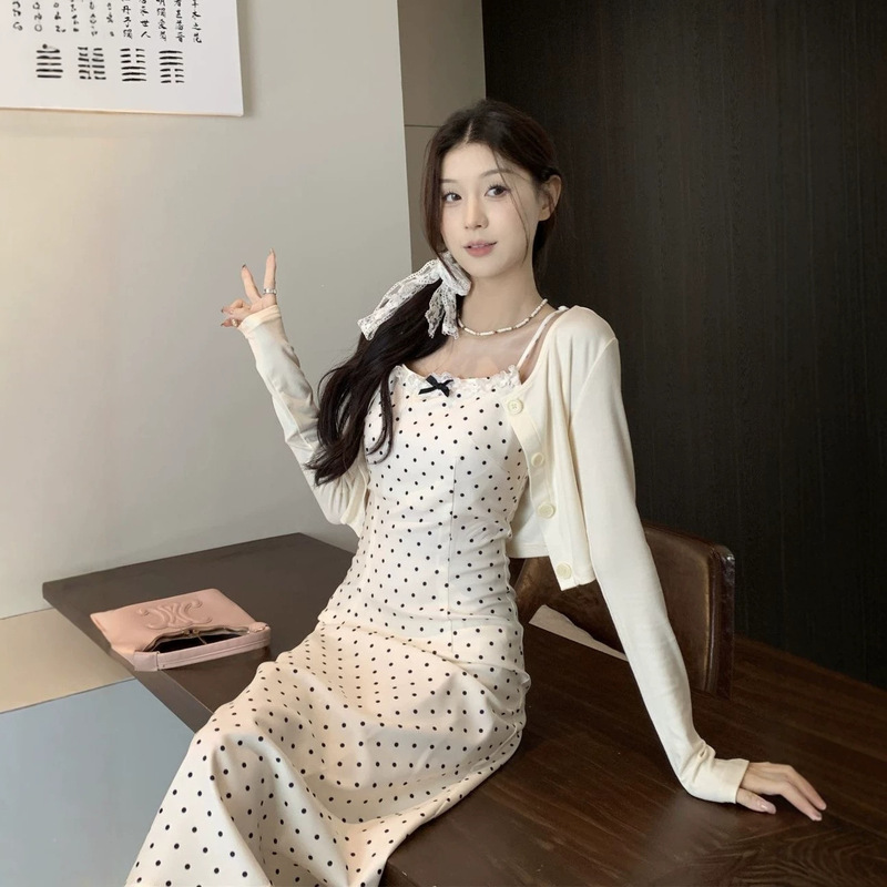 2026 New Korean-Style Polka Dot Suspender Bow Dress for Women, Gentle and Elegant Long Dress for Petite Figures