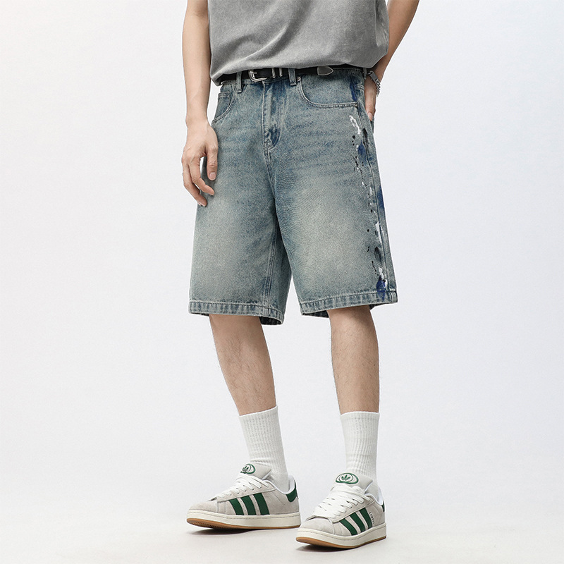 2025 Summer New Men's Loose Plus-Size Retro Denim Shorts High-End Youth Knee-Length Shorts Trendy