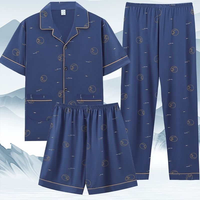 Pajamas de algodón para hombres de verano de mangas cortas pantalones largos de tres piezas para aumentar el peso para hombres de tamaño delgado conjunto de ropa de verano