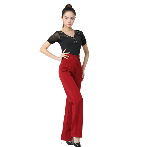 Modern dance pants for women, high-waisted Latin dance pants, solid color party pants, wide-leg dance pants, straight-leg pants, practice attire