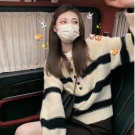 秋冬季外穿开衫毛衣女polo领翻领黑白条纹羊绒套头v领针织衫上衣