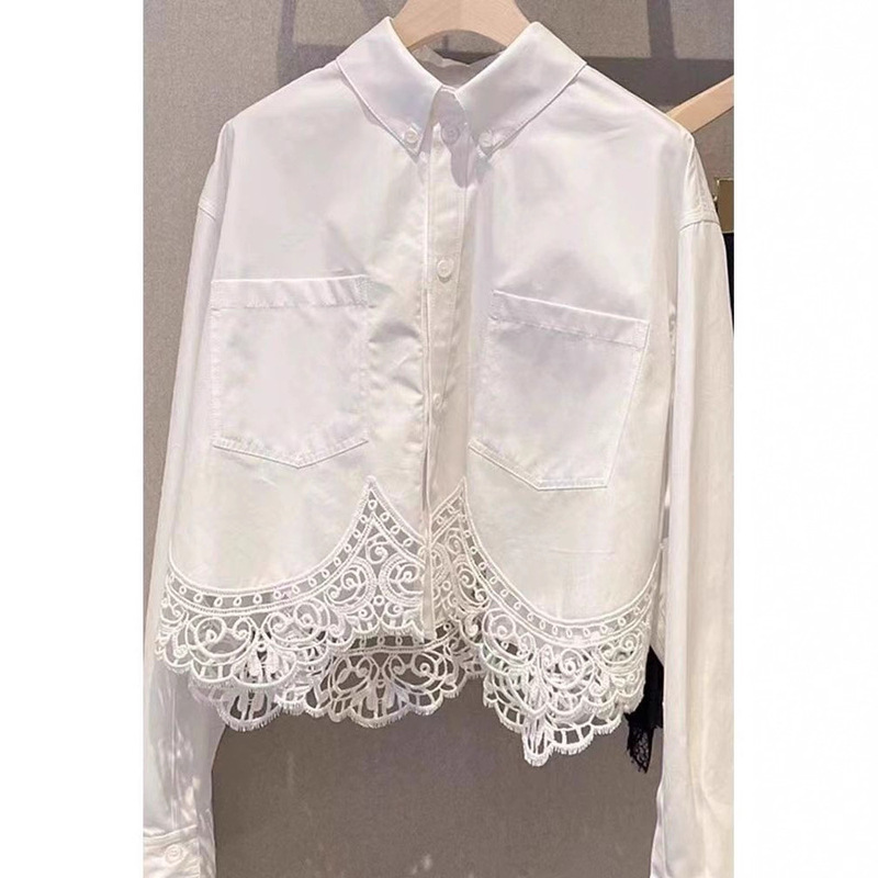 Wholesale Elegant Women's Clothing, High-End French Lace Patchwork Tops, Unique Design, Petite Long-Sleeve White Shirts