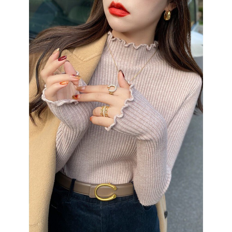 High-end bottoming shirt autumn and winter knitted thickened inner wear slim fit ear long sleeve turtleneck sweater outer wear knitwear women's clothing