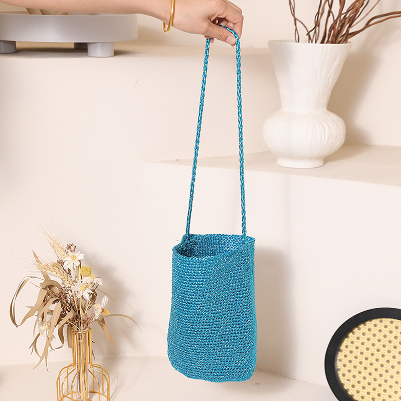 Fashion Shiny Line Single Shoulder Bucket Straw Woven Bag New Casual Solid Color Woven Bag For Women Beach Vacation Bag - Thumbnail 4