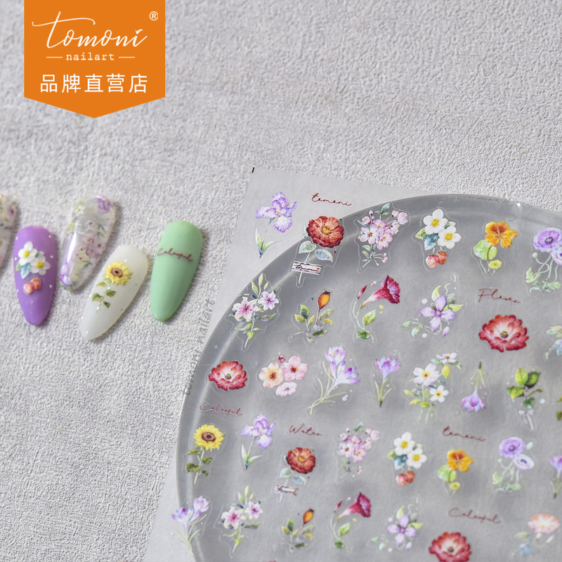 tomoni thin tough nail stickers popular Japanese retro nail stickers watercolor flower nail jewelry wholesale