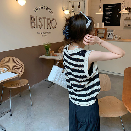 Korean style striped knitted camisole summer retro hot girl loose slimming outer wear inner bottoming top for women