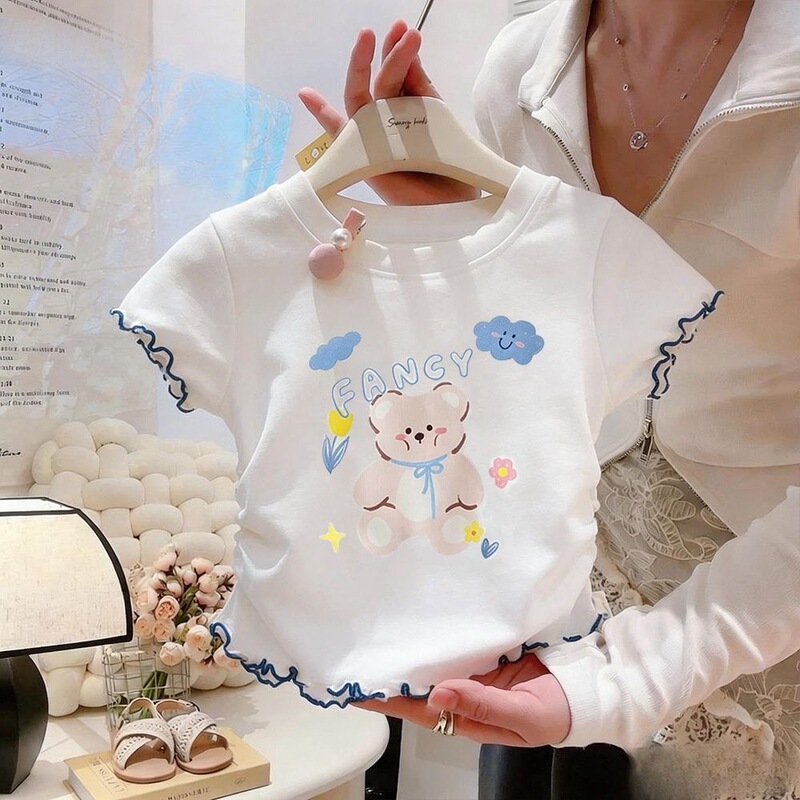 Girls' Sweet Korean-Style 2026 Cute Bear Sweet Cotton Children's Shirt, Unique and Stylish, Versatile Round Neck