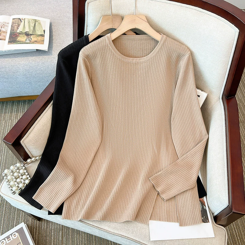Женская одежда больших размеров от производителя, специальная цена, пуловер с разрезом, повседневная свободная рубашка в корейском стиле с круглым вырезом и ребристой текстурой, модель 2621