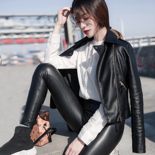 Chic, sweet and fairy black leather jacket for women spring and autumn 2023 high-end retro street top