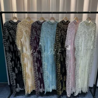 外贸欧美重工刺绣钉珠亮片网纱长袍礼服轻奢时尚优雅新款连衣裙女