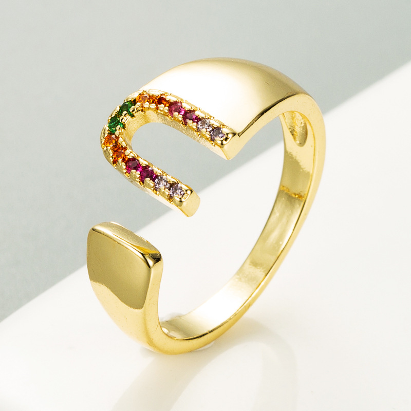 European And American Ring 26 English Letter Copper Gold-plated Inlaid Zircon Ring Opening Adjustable display picture 12