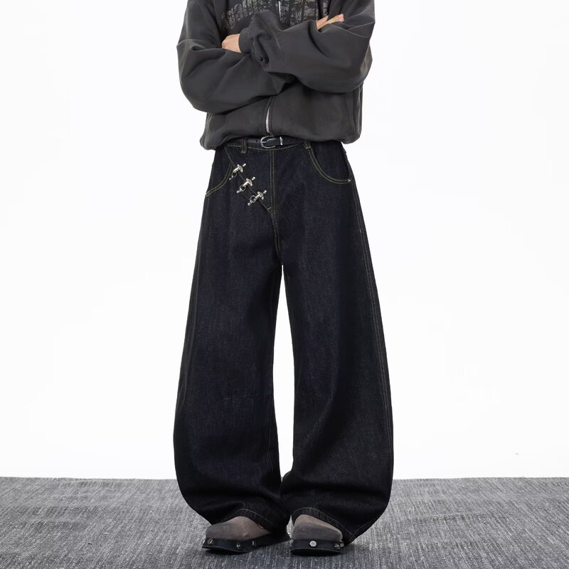 American-Style Niche High-End Jeans with Airplane Buckle and Curved Hem, Unisex Vintage Floor-Length Hip-Hop Raw Denim Pants