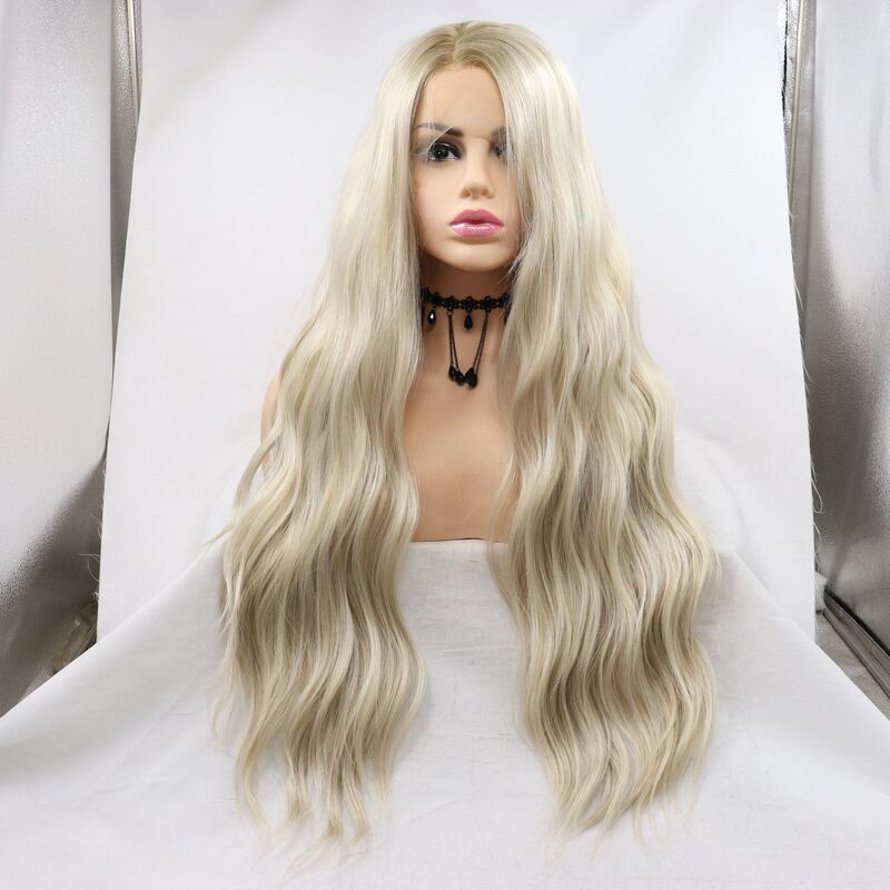 Sicilian Wig Chemical Fiber Front Lace High Temperature Silk Gradient Gold Oblique Large Wavy Long Curly Hair Cross-Border Full Headgear