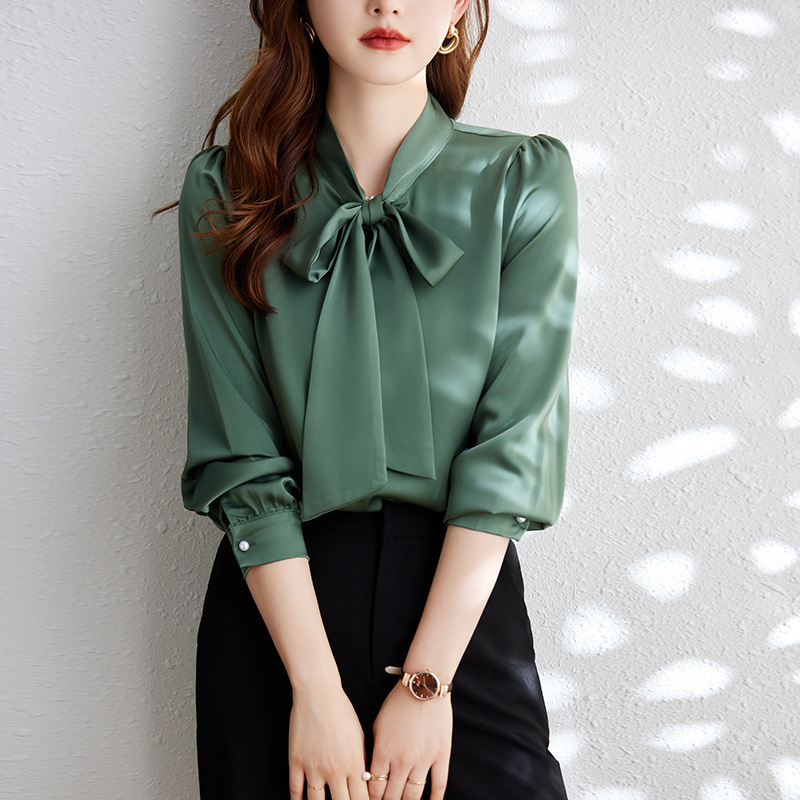 Green Bow Shirt Women's Spring and Autumn Long Sleeve Chiffon Loose Top Acetic Satin Professional Elegant Shirt Autumn Green Bow Shirt Women's Spring and Autumn Long Sleeve Chiffon Loose Top Acetic Satin Professional Elegant Shirt Autumn