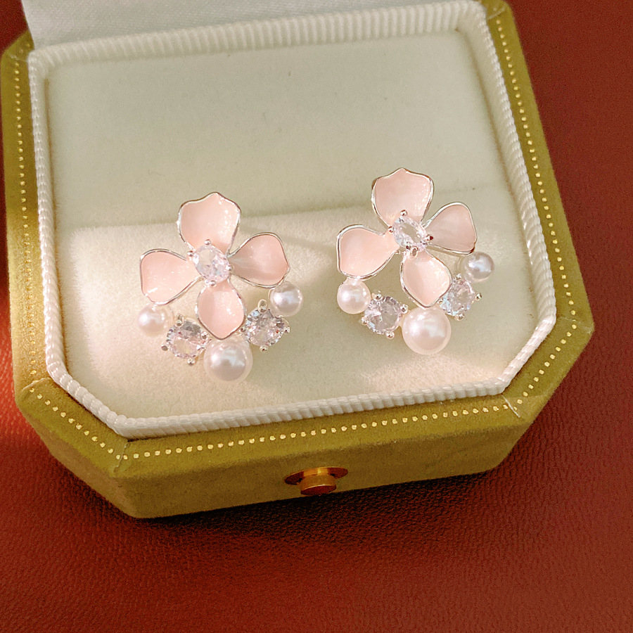 Agujas de plata goteando aceite flor de zircon perlas perlas aretes de aire dulce temperamento fresco ligero lujo alta sensación auriculares al por mayor image 7
